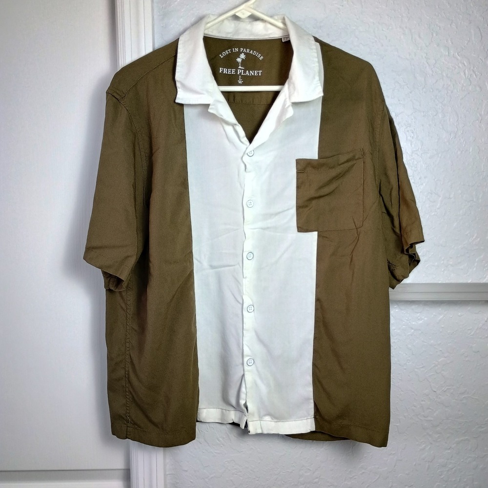 Free Planet Lost‎ In Pardise Button Up Shirt Men's Size L Olive White